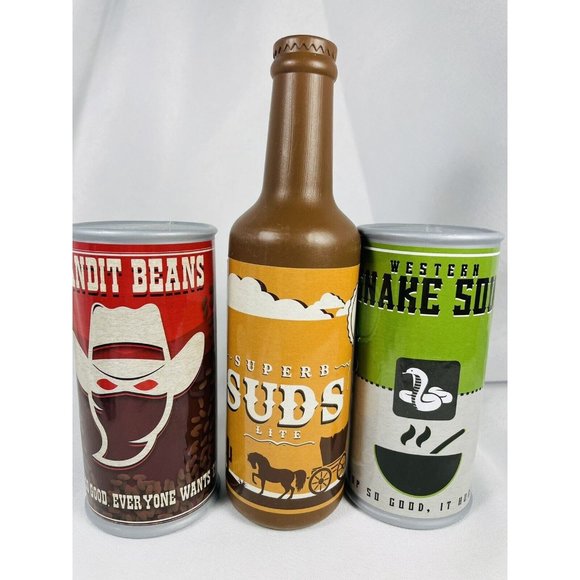 Toy Food Plastic Pretend Cowboy Girl Bandit Beans Snake Soup Suds Lite Set Of 3 - Picture 1 of 9